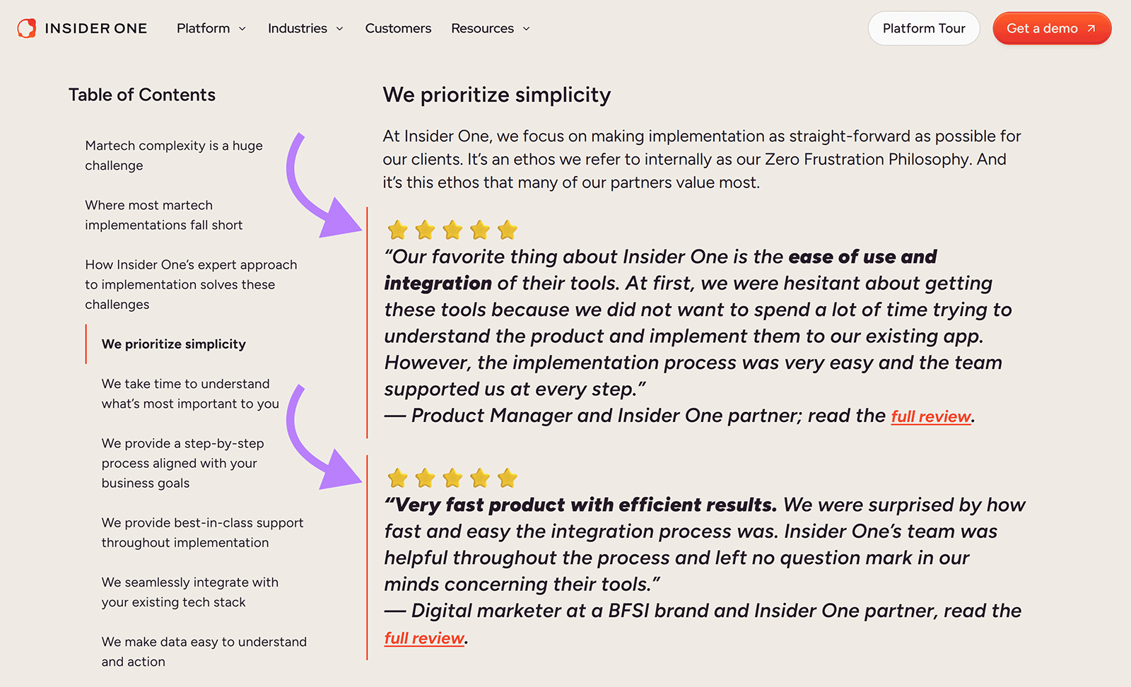 Insider One webpage using customer reviews and five-star ratings as social proof