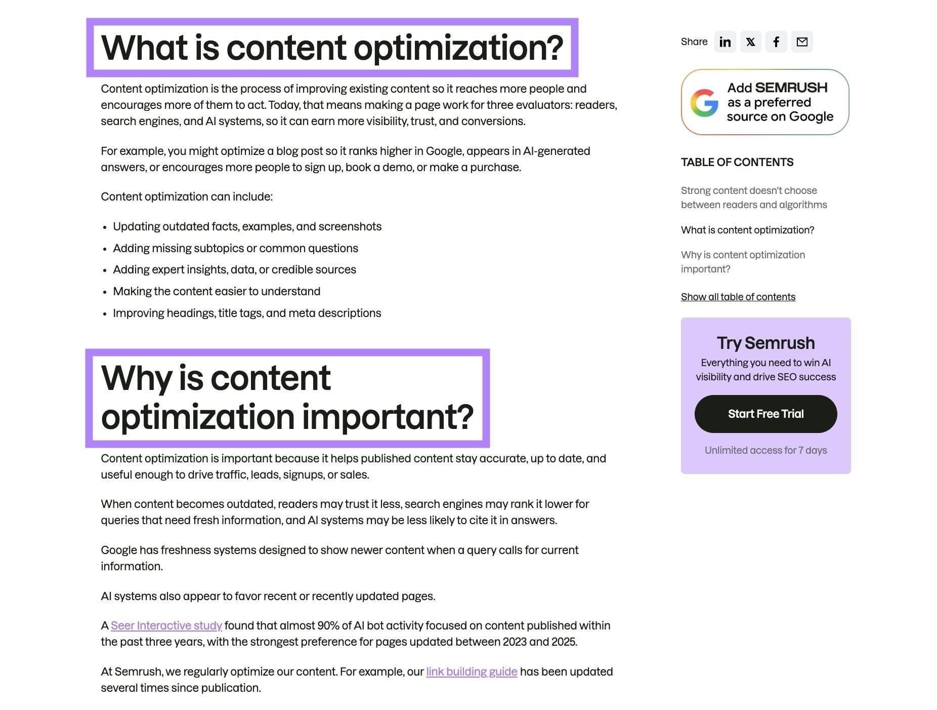 A blog post by Semrush using question headings with the answer directly following after.