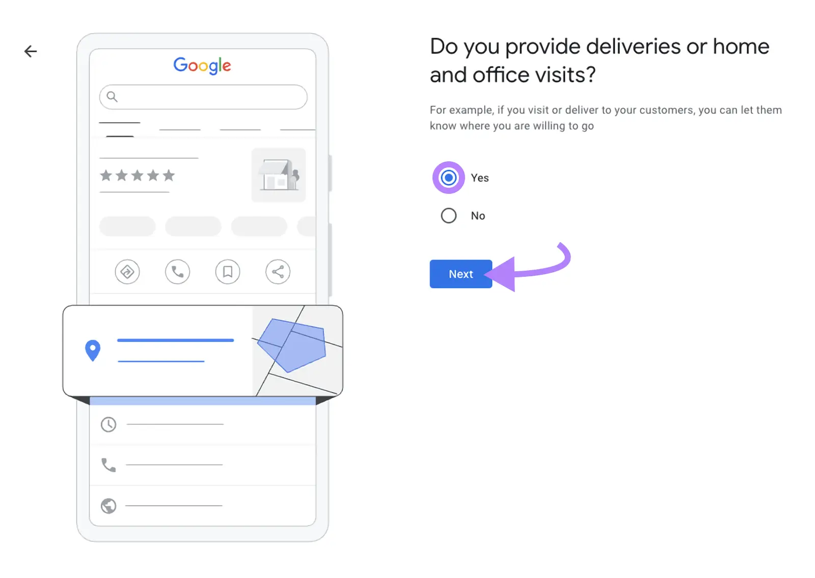 "Do you provide deliveries or home and office visits" screen on GBP with "Yes" selected and "Next" clicked.