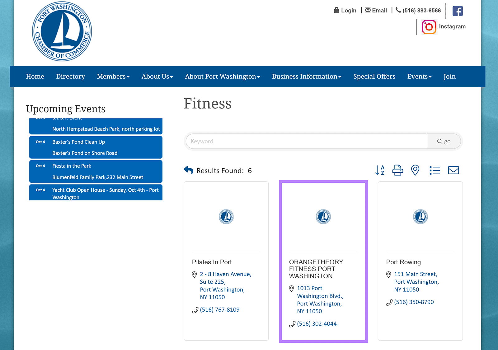 Port Washington Chamber of Commerce directory showing an Orangetheory Fitness local business listing