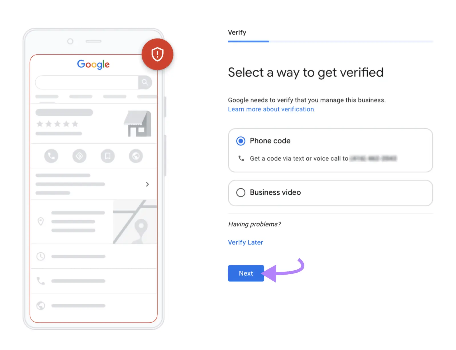 The "Select a way to get verified" screen on GBP with "Phone code" selected and "Next" clicked.