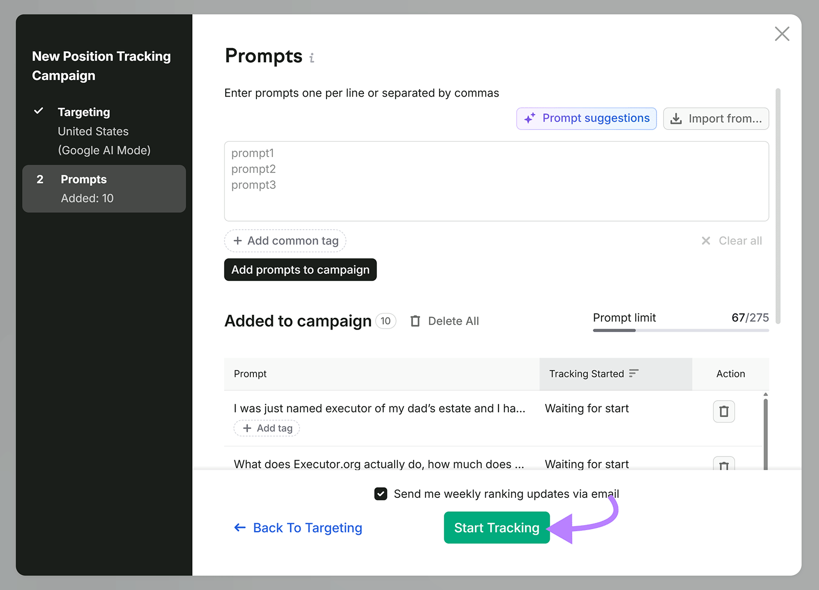 Semrush Position Tracking setup screen for adding AI prompts to a campaign before starting tracking