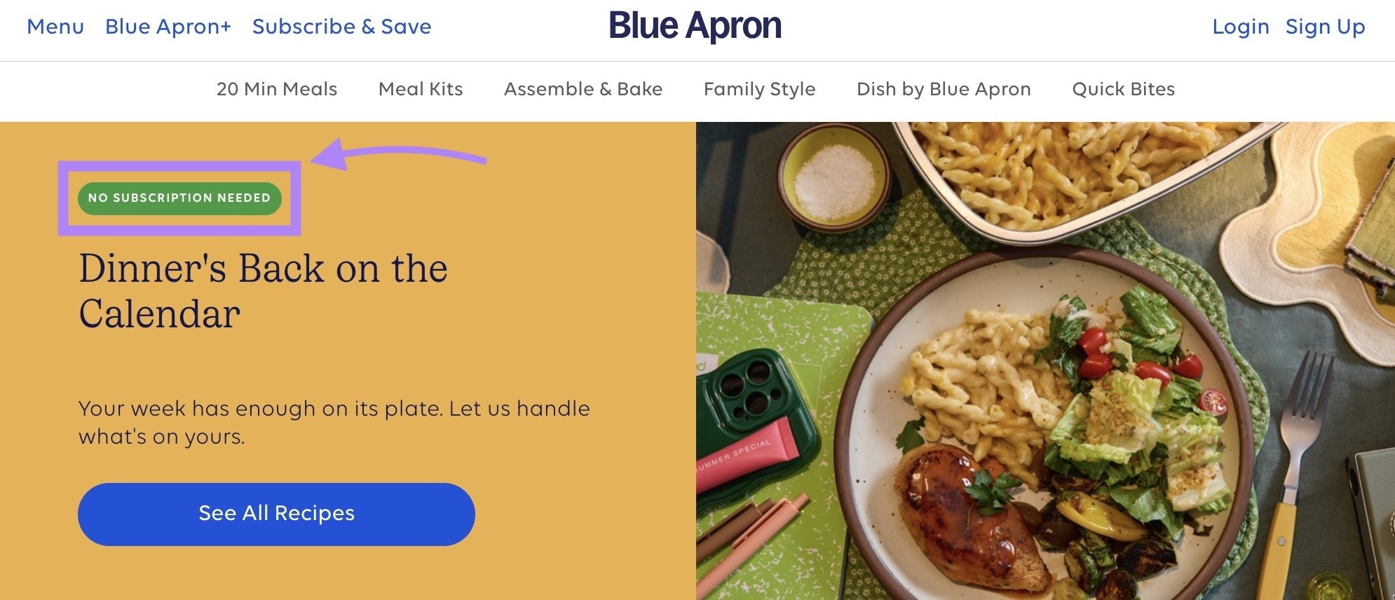 Blue Apron home page with "No subscription required" highlighted.