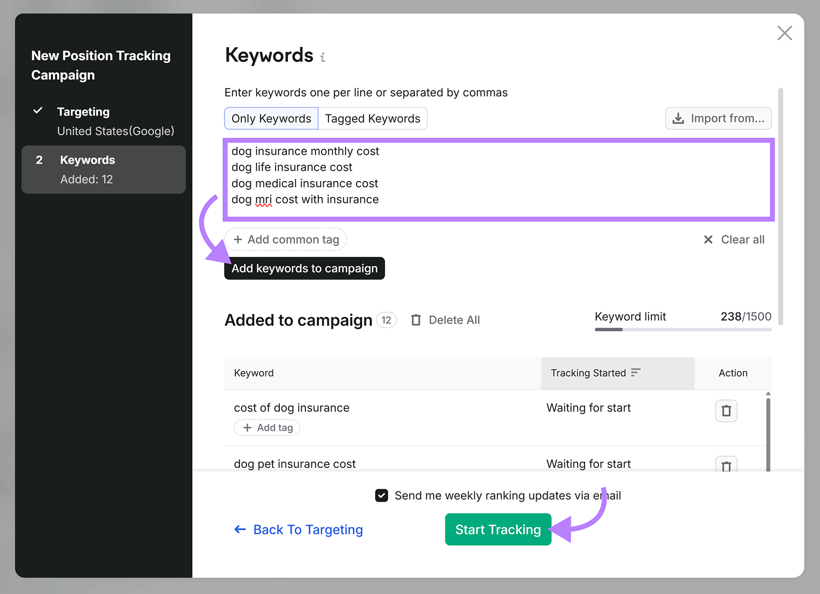 Semrush Position Tracking campaign setup with keywords added and the Start Tracking button highlighted