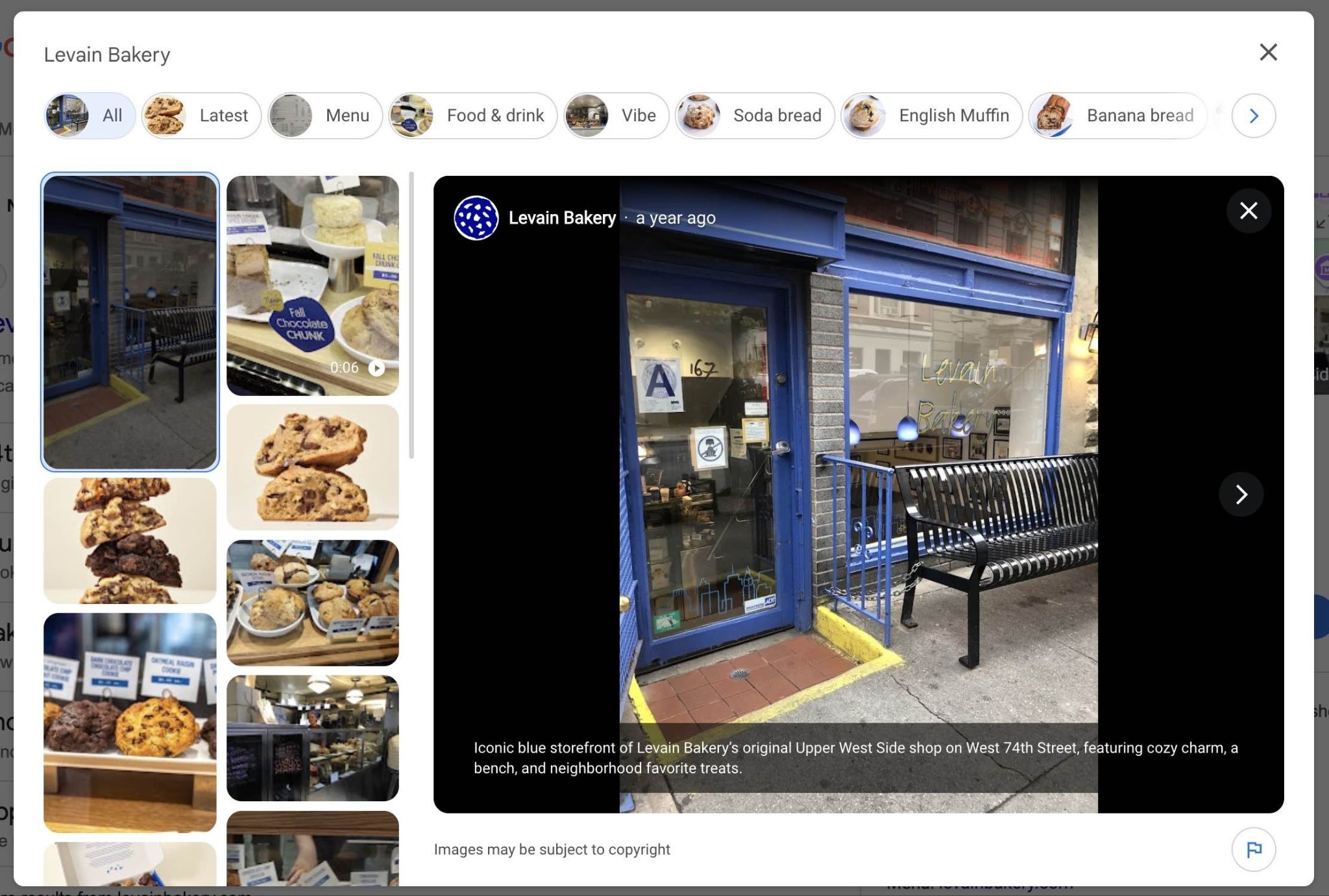 "Photos" on the GBP of Levain Bakery showing photos of their menu, food & drink, and vibe.