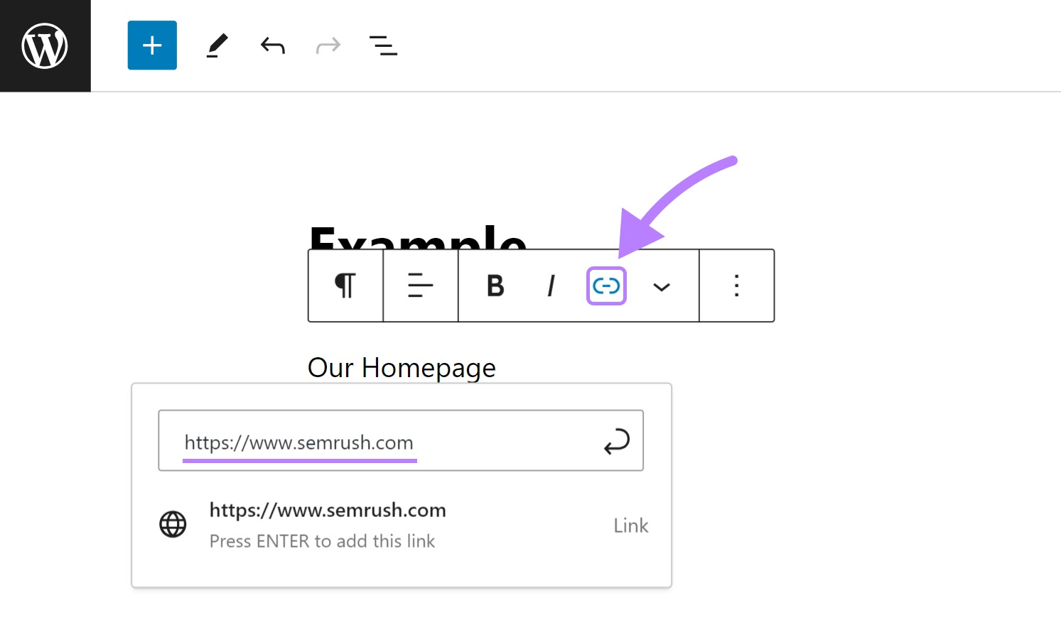 Linking "Our Homepage" text to "sr03.amzseller.tools" in WordPress editor