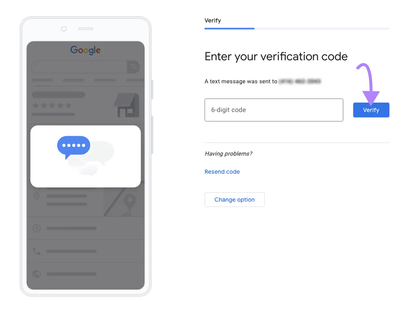 The "Enter your verification code" screen on the GBP setup with the "Verify" button highlighted.
