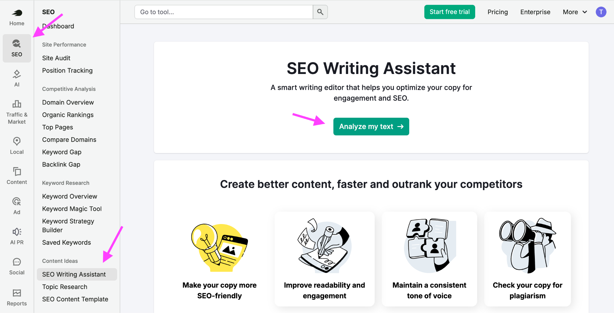 SEO Writing Assistant with "Analyze my text" button highlighted