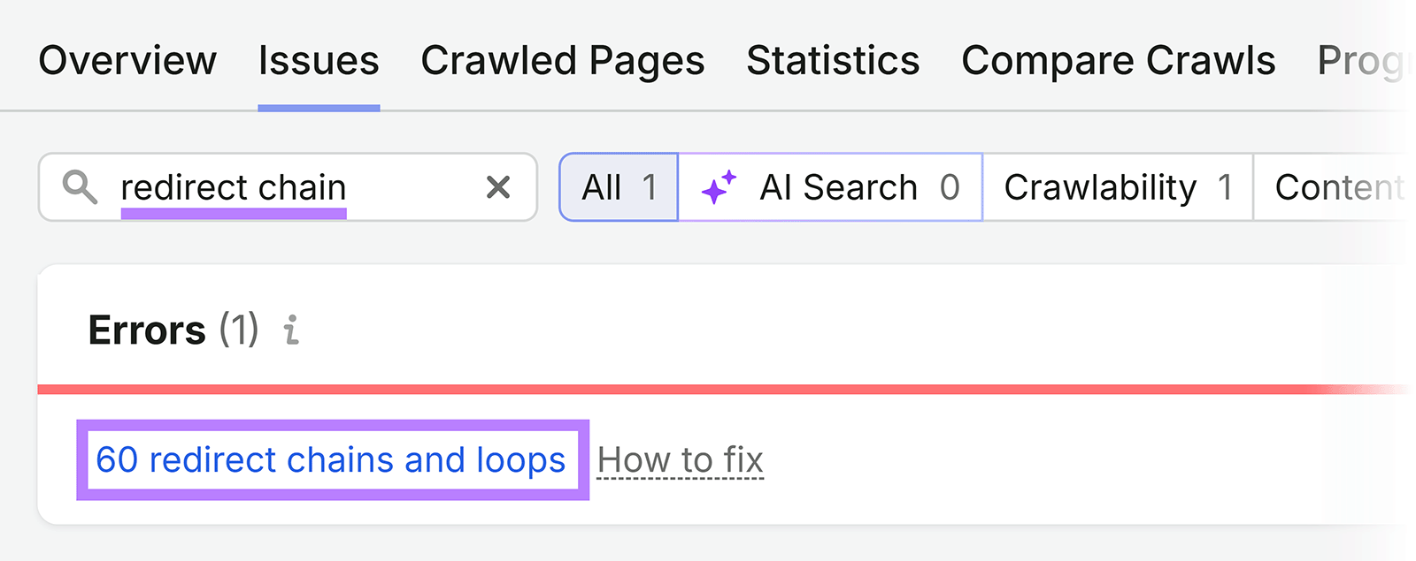 Semrush Site Audit Issues report showing an error for 60 redirect chains and loops