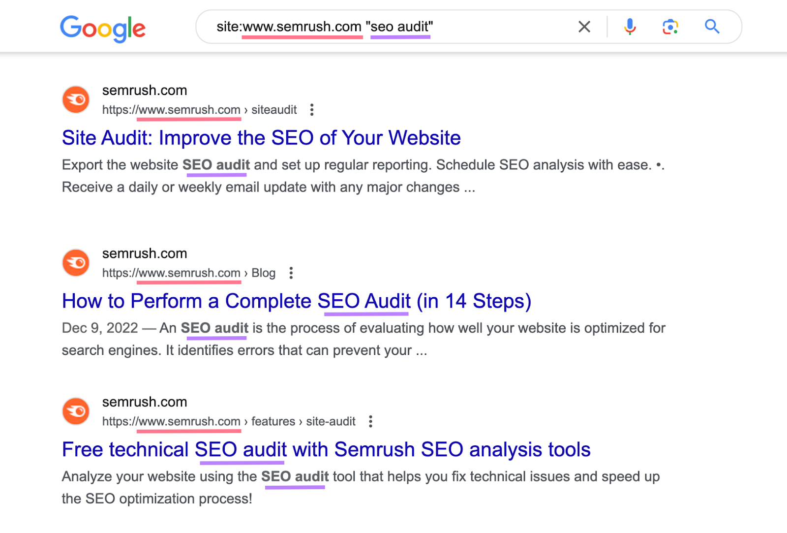 search for "site:sr03.amzseller.tools "seo audit"" shows list of urls on semrush with keyword mentioned