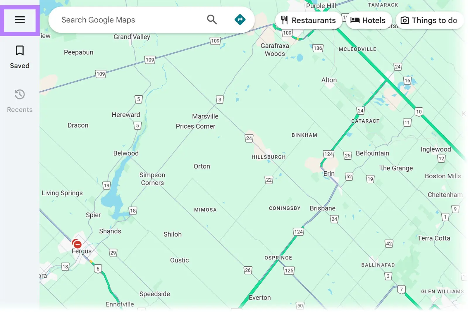 Google Maps with the menu in the top-left corner highlighted.