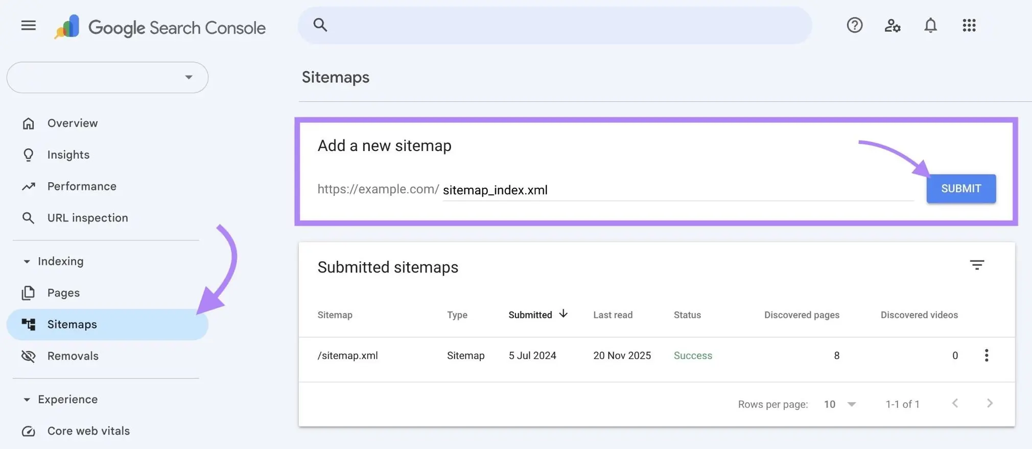 Google Search Console Sitemaps report showing where to submit a new sitemap and a successfully submitted sitemap