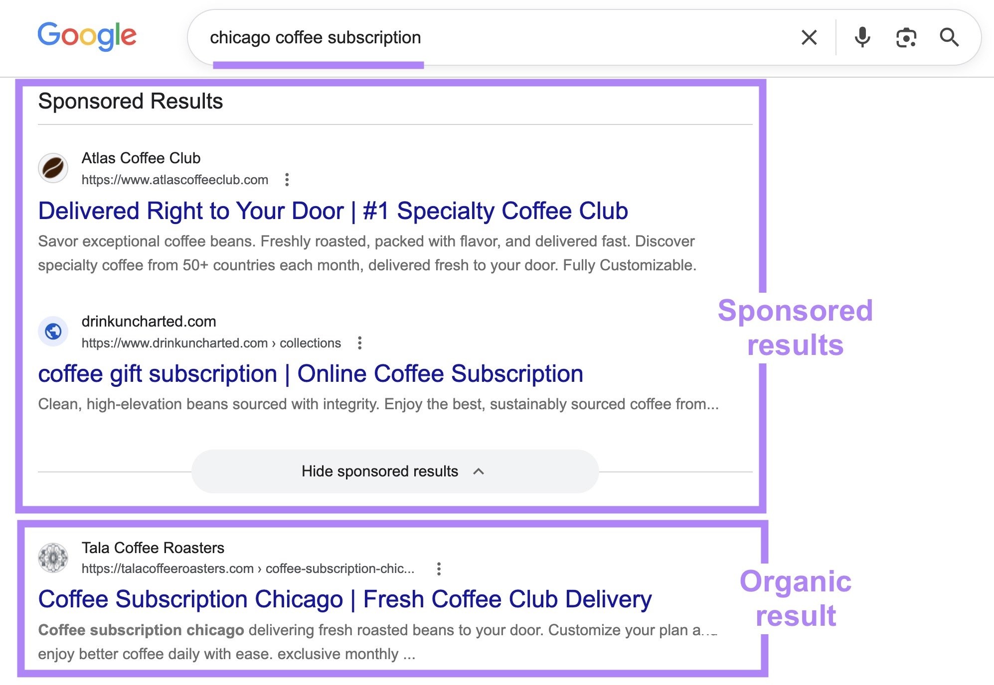Google SERP for the term "chicago coffee subscription" with the sponsored results and the top organic result highlighted.