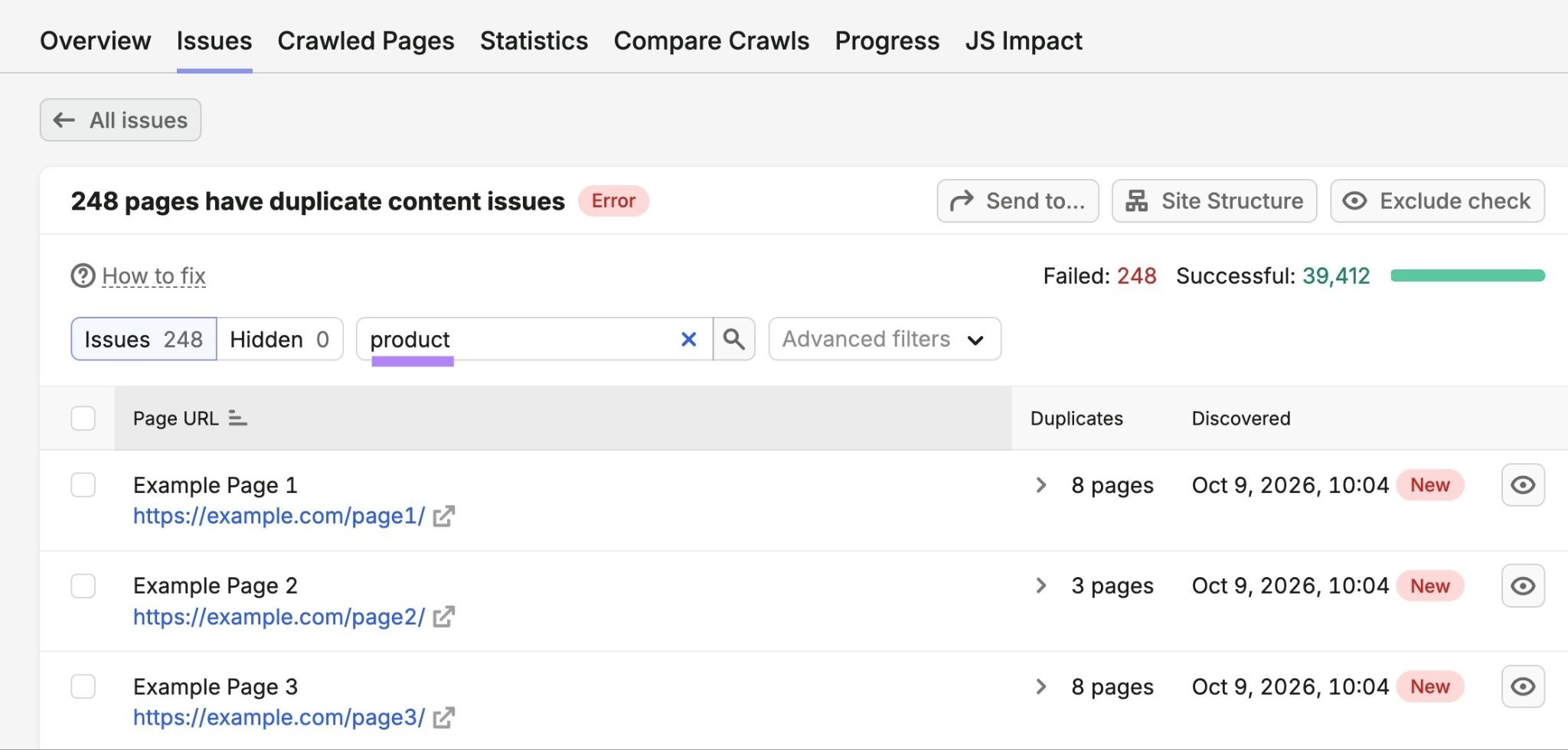 Pages with duplicate content issues on Site Audit with "product" entered in the search bar.
