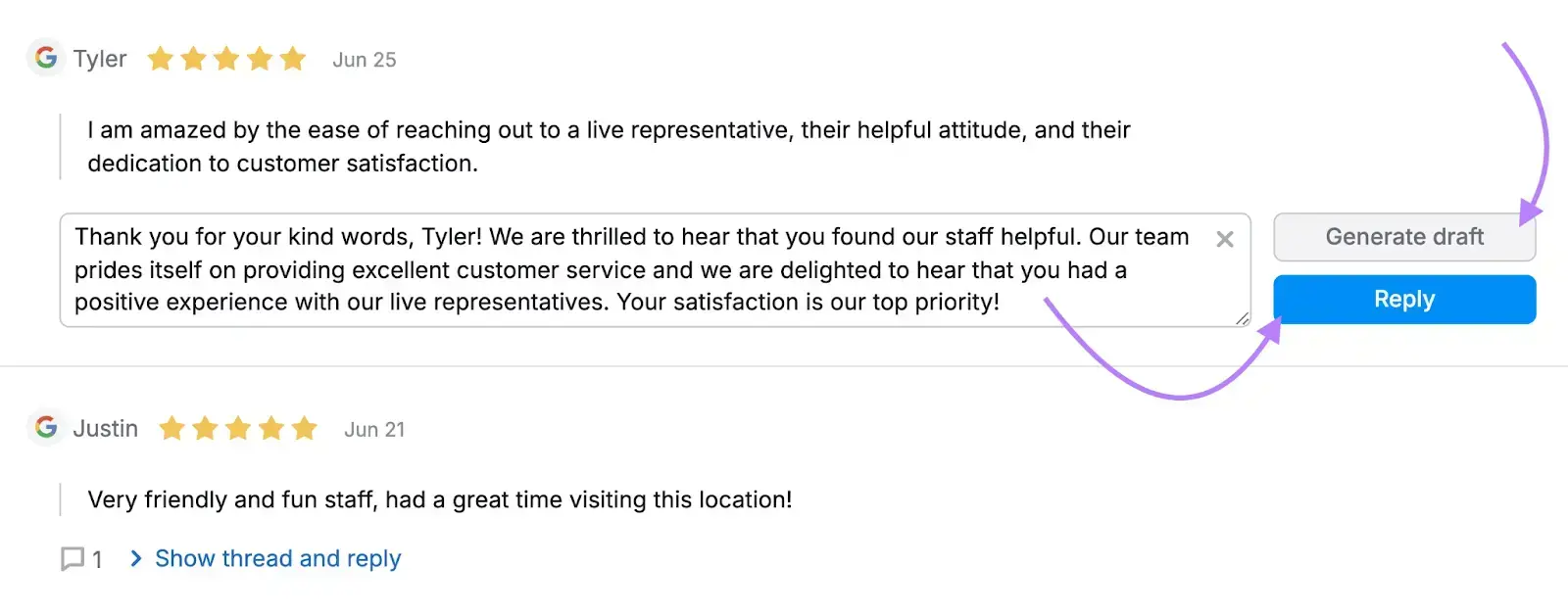 Generating a draft and replying to a Google review on the Review Management tool.