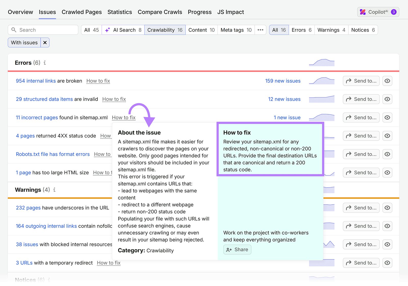 Semrush Site Audit issue details explaining an incorrect sitemap URL and how to fix it
