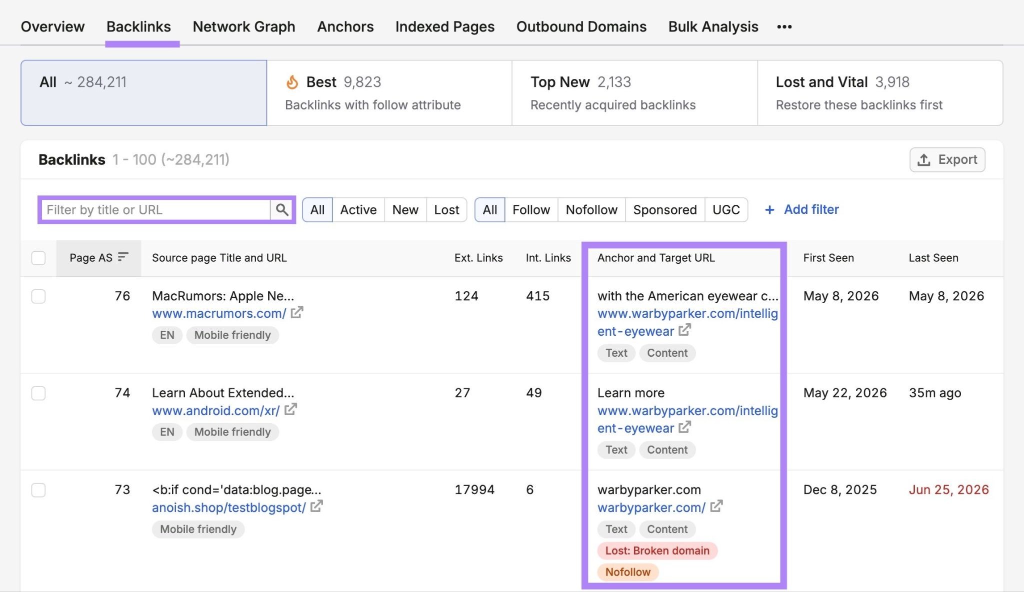 Backlinks report with the "Anchor and Target URL" column and the search bar highlighted.