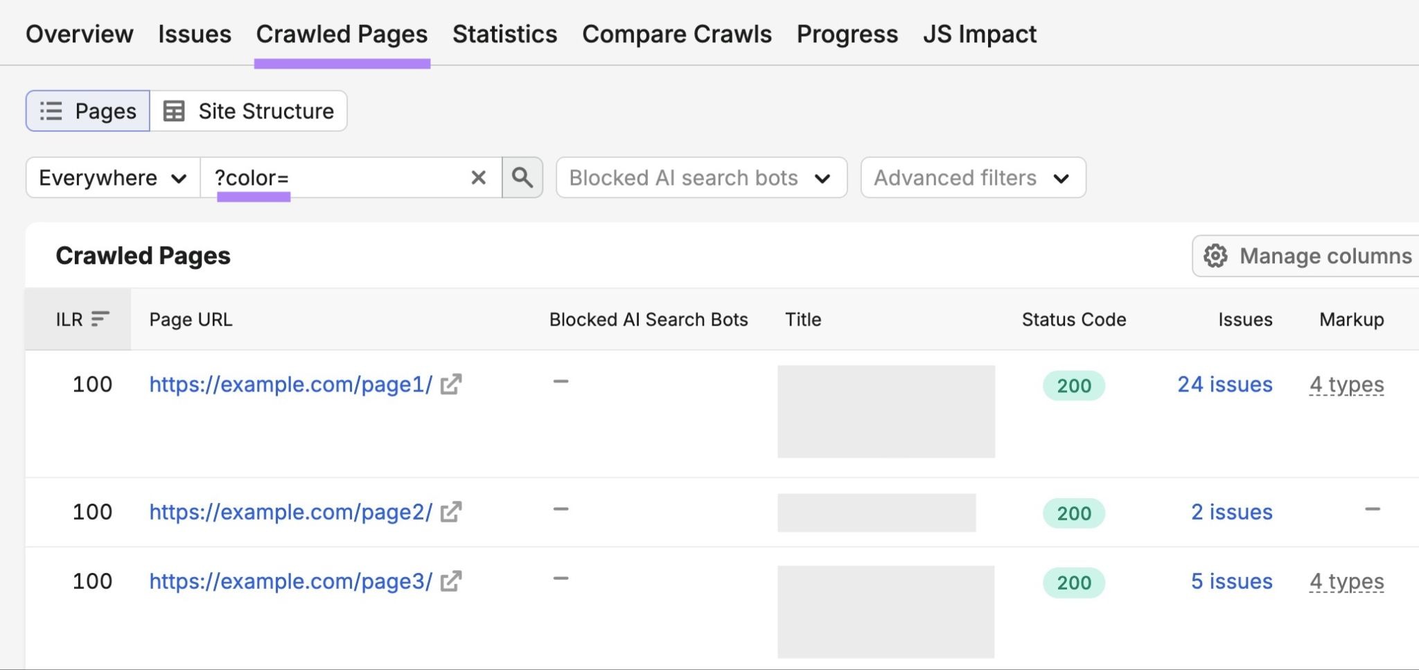 The "Crawled Pages" tab on Site Audit with "?color=" entered in the search bar.