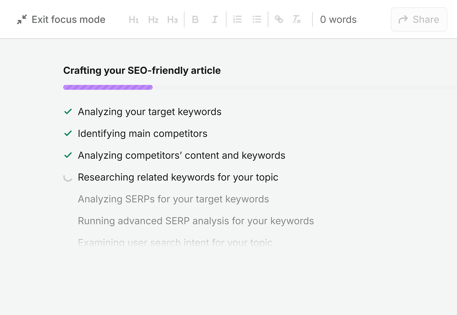 Semrush generating an SEO-friendly article by analyzing target keywords, competitors, related keywords, and search results