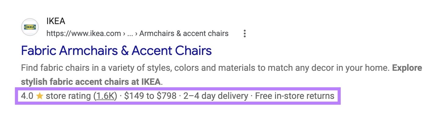 A rich result SERP listing showing structured data include rating, reviews, price, delivery time, and return policy.
