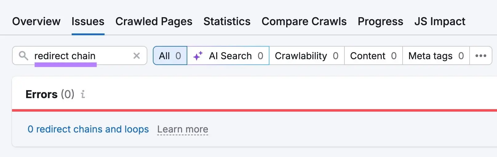 Site Audit Issues report showing zero redirect chains and loops