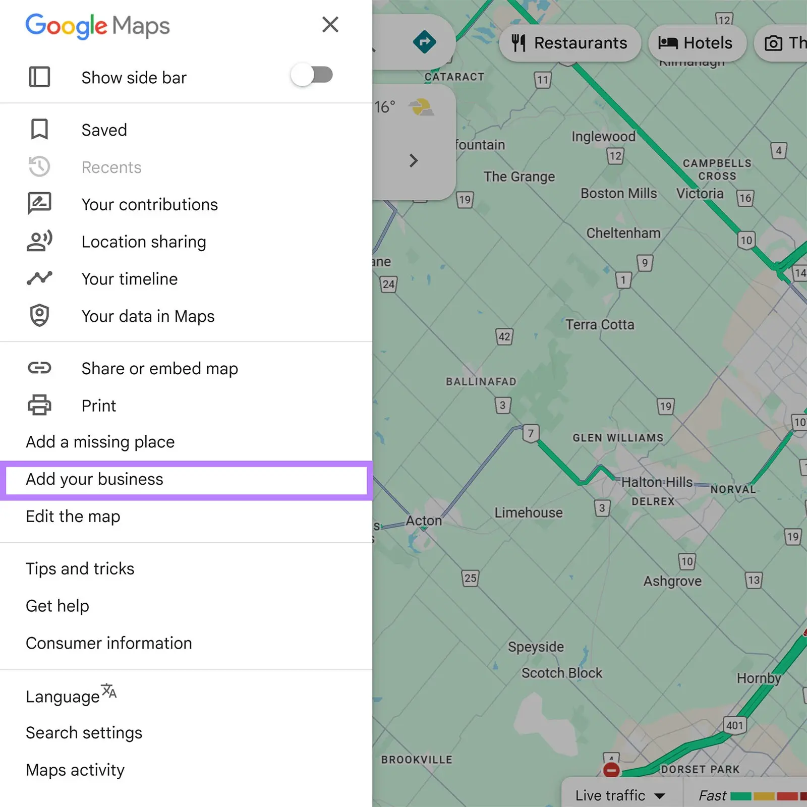 "Add your business" highlighted on the left-hand menu on Google Maps.