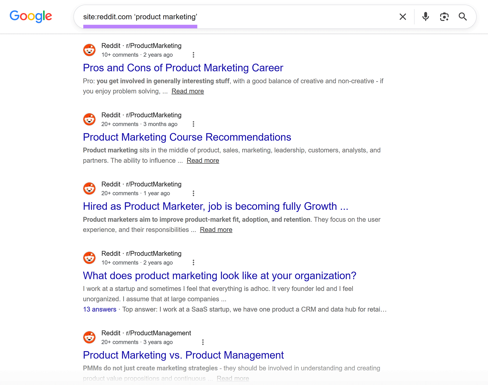 Google search results for product marketing discussions on Reddit using the site:reddit.com search operator