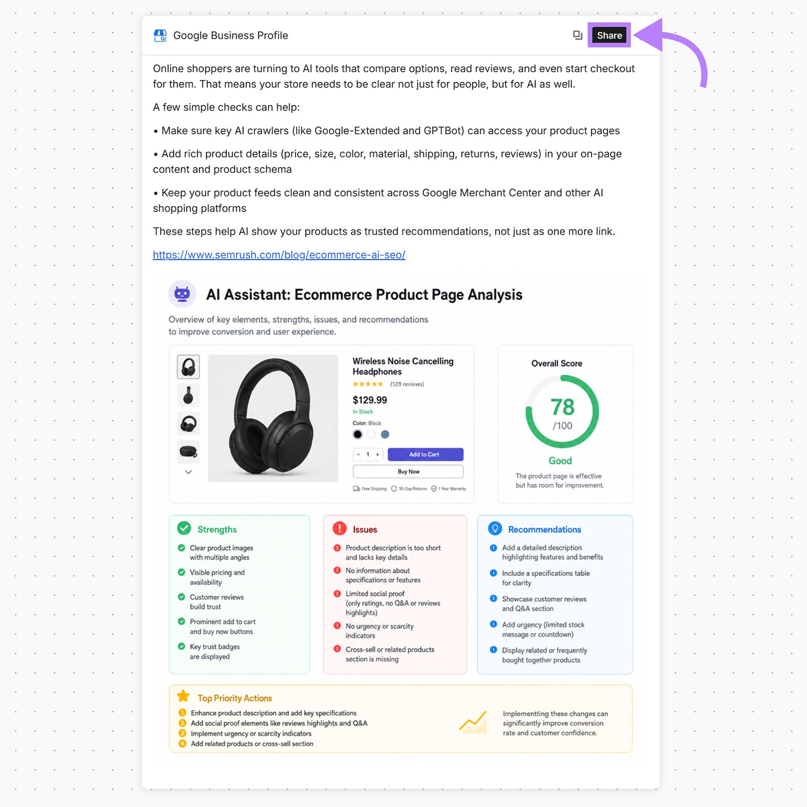 Google Business Profile post draft with a Share button highlighted in Semrush Content Toolkit