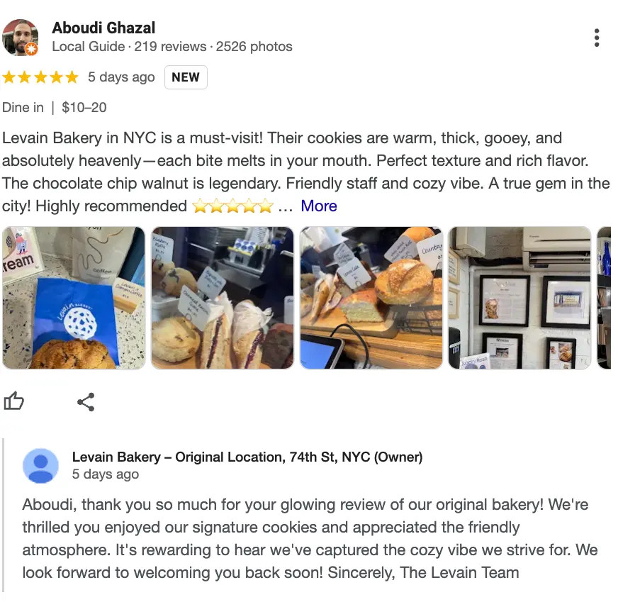 A response by Levain Bakery to a positive review on Google.
