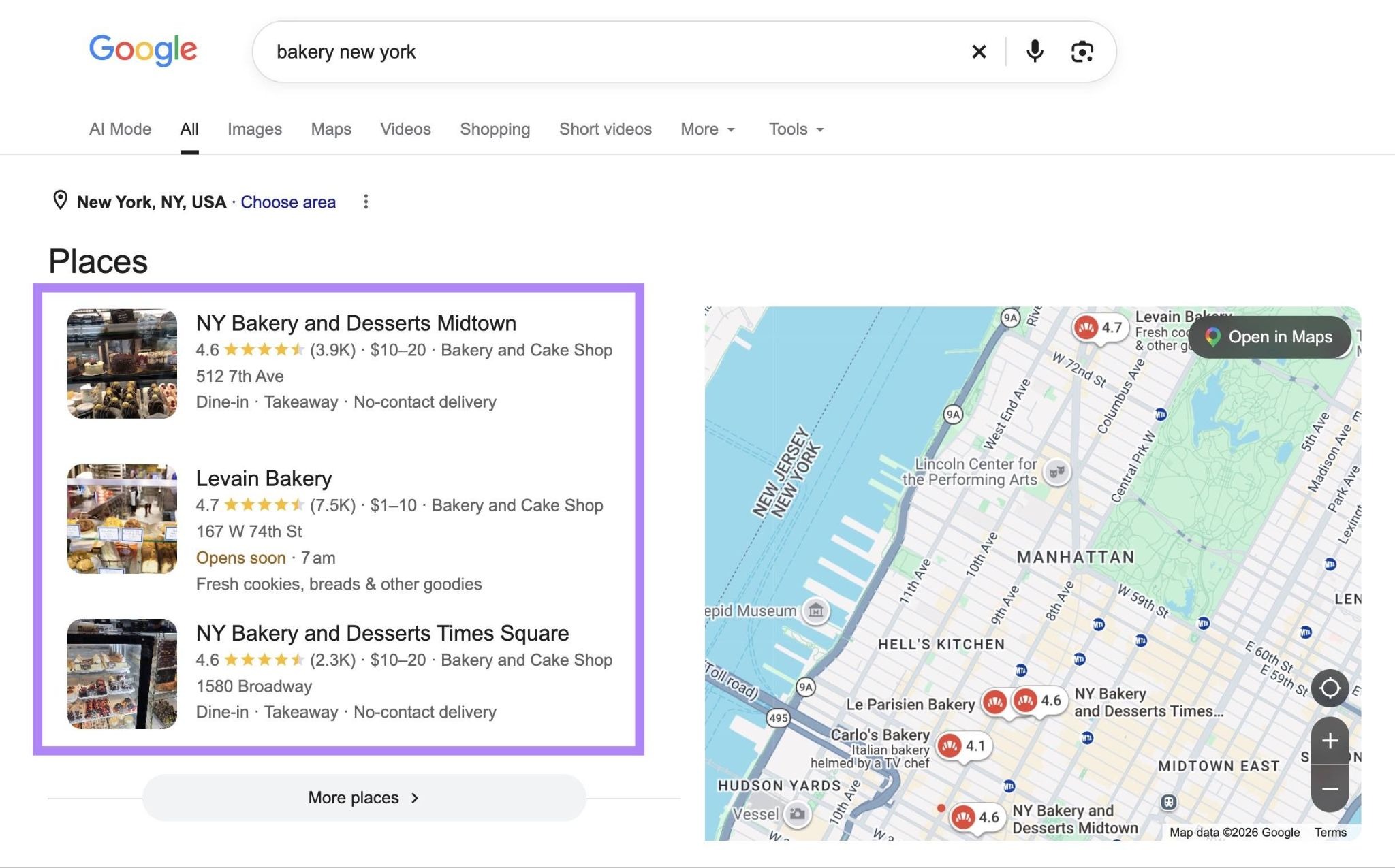 Google SERP for the term "bakery new york" with the top three ranking businesses in the local pack highlighted.