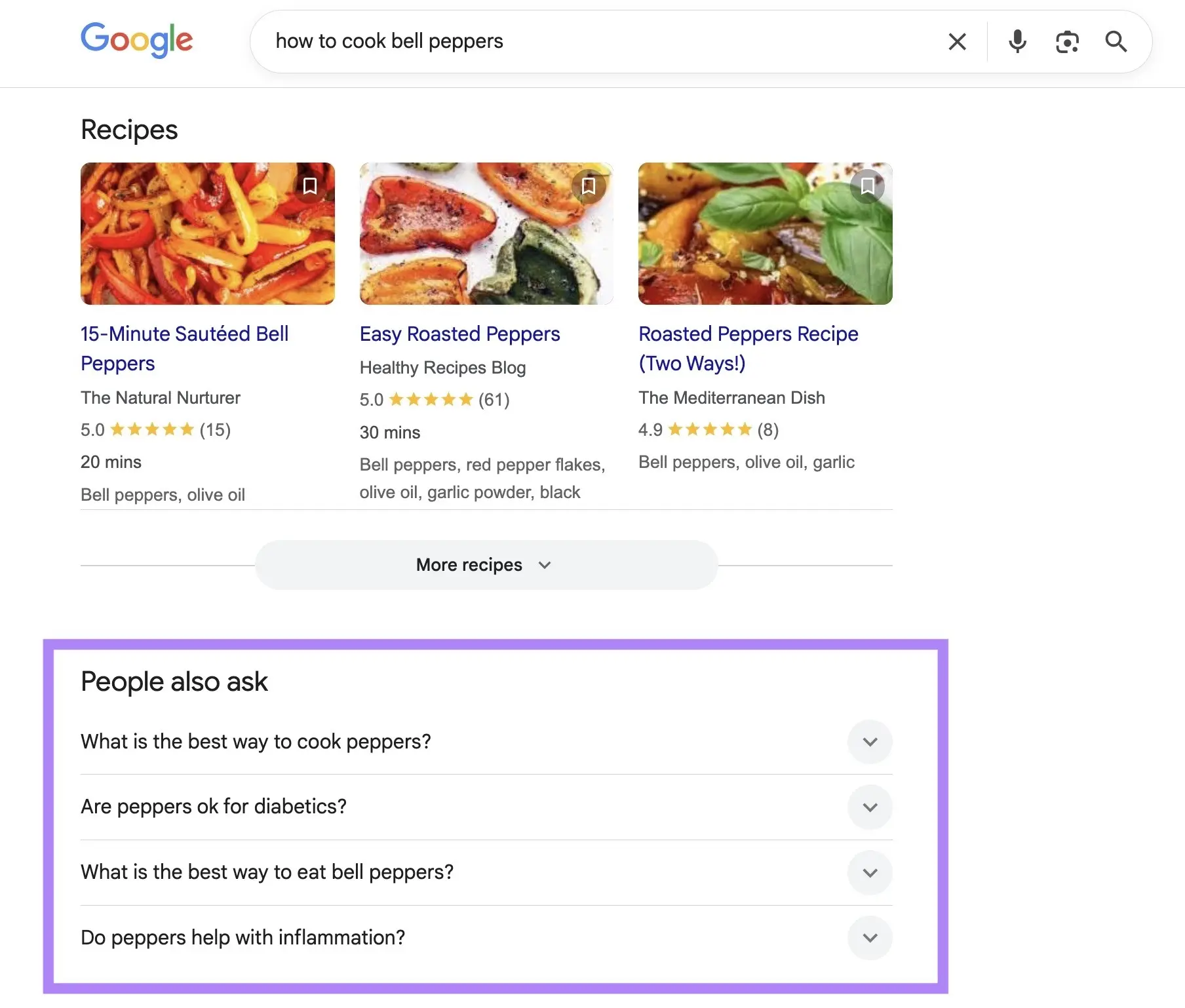 Google results for “how to cook bell peppers” showing recipe cards and related People Also Ask questions