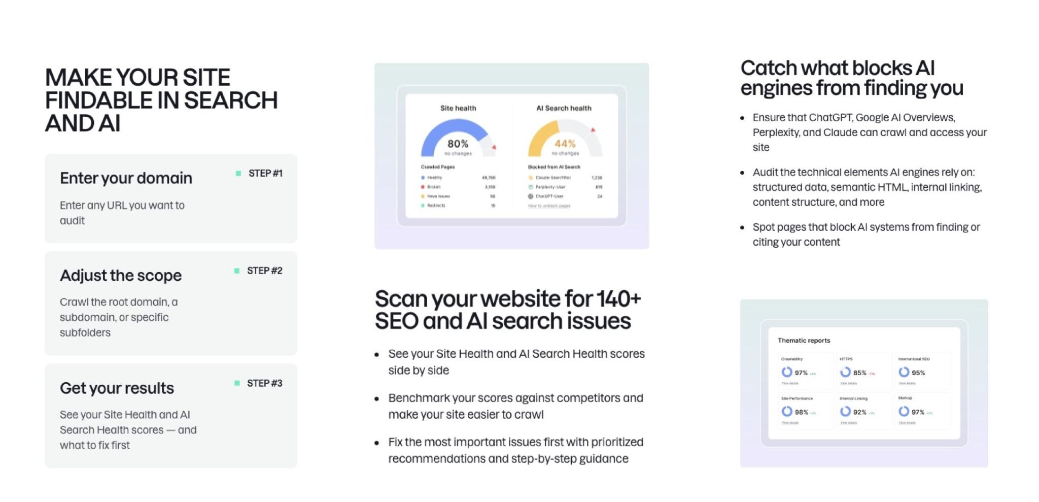 Side-by-side mobile screenshots of the middle section of a landing page by Semrush highlighting features and benefits of the tool.