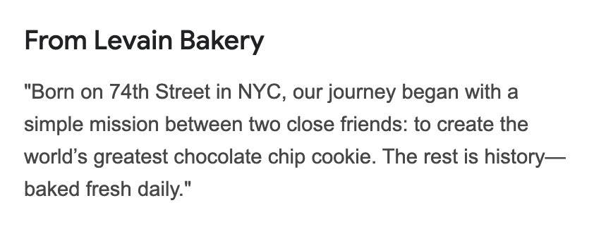The business description from Levain Bakery on their Google Business Profile.