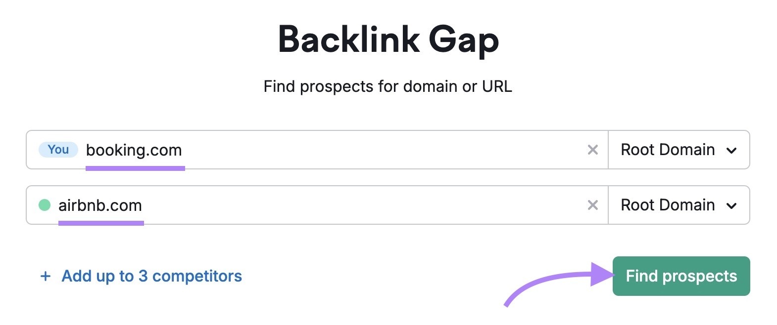 Backlink Gap report with two competing domains entered and "Find prospects" clicked.