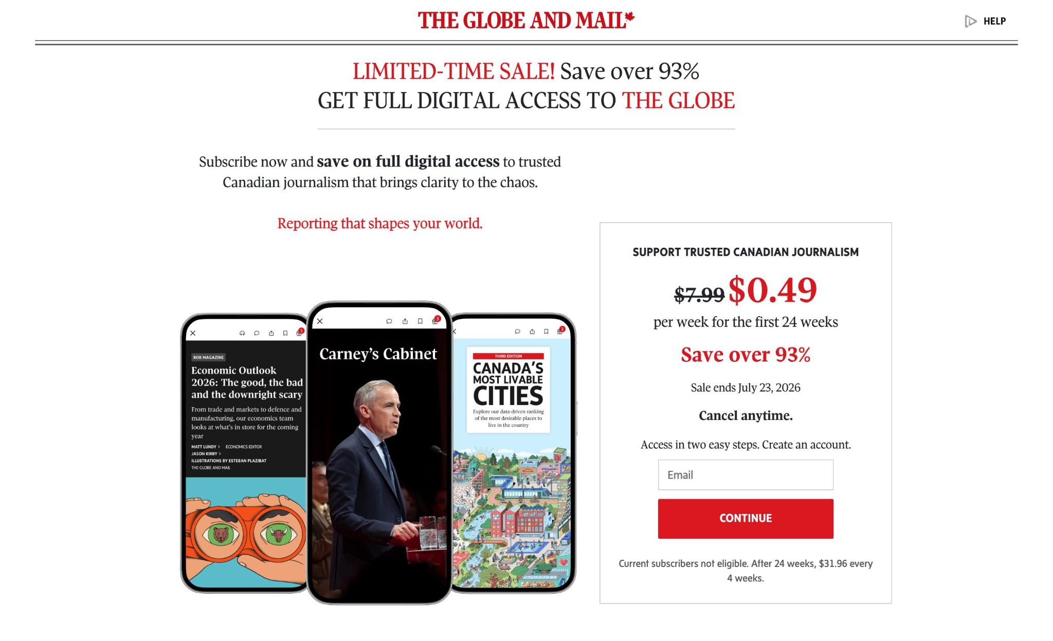 The subscription landing page by The Globe and Mail which doesn't show a navigational menu.