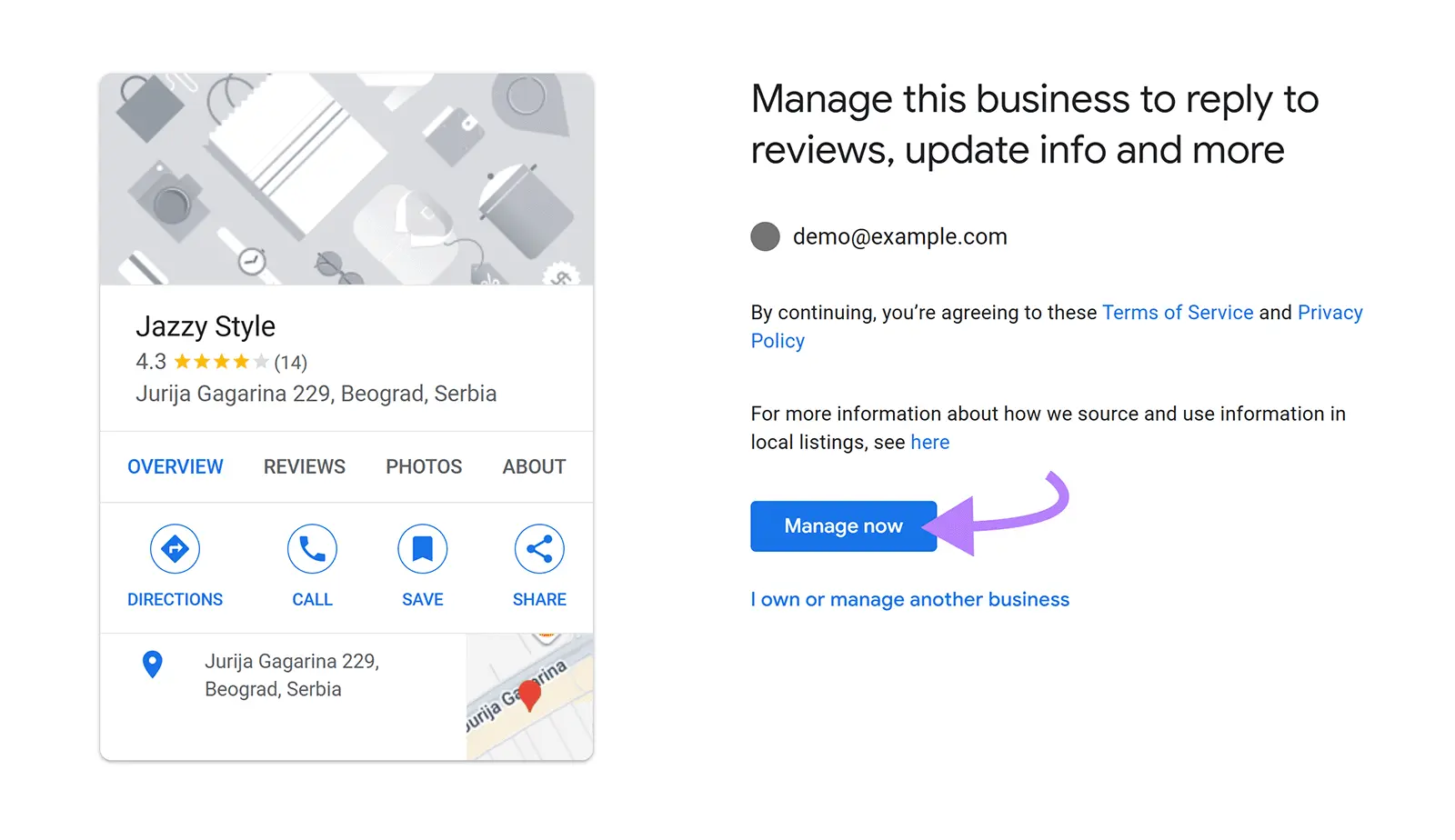Google Business Profile setup with the "Manage now" button highlighted.