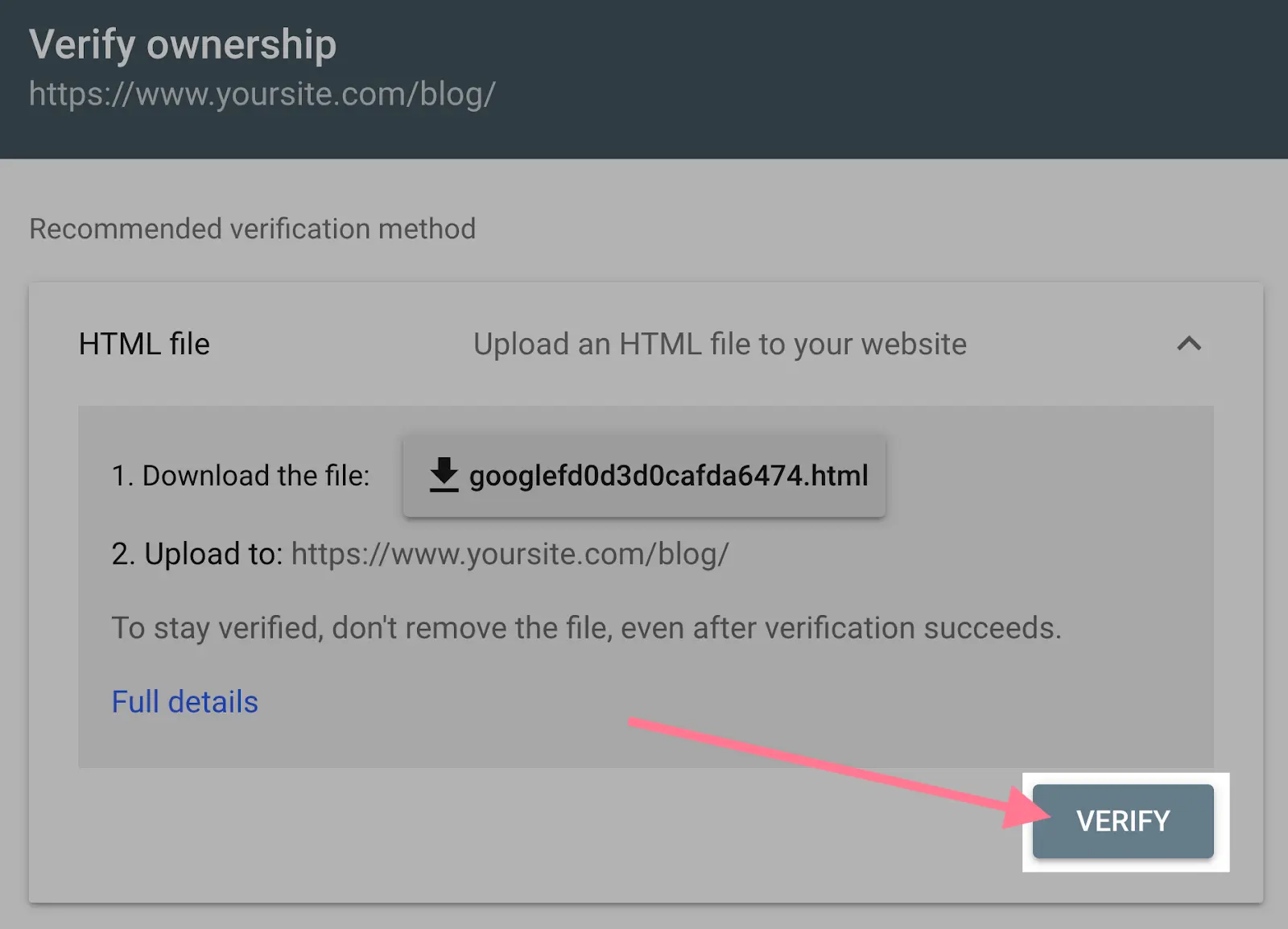 Google Search Console URL prefix verification screen with the HTML file upload method and Verify button highlighted