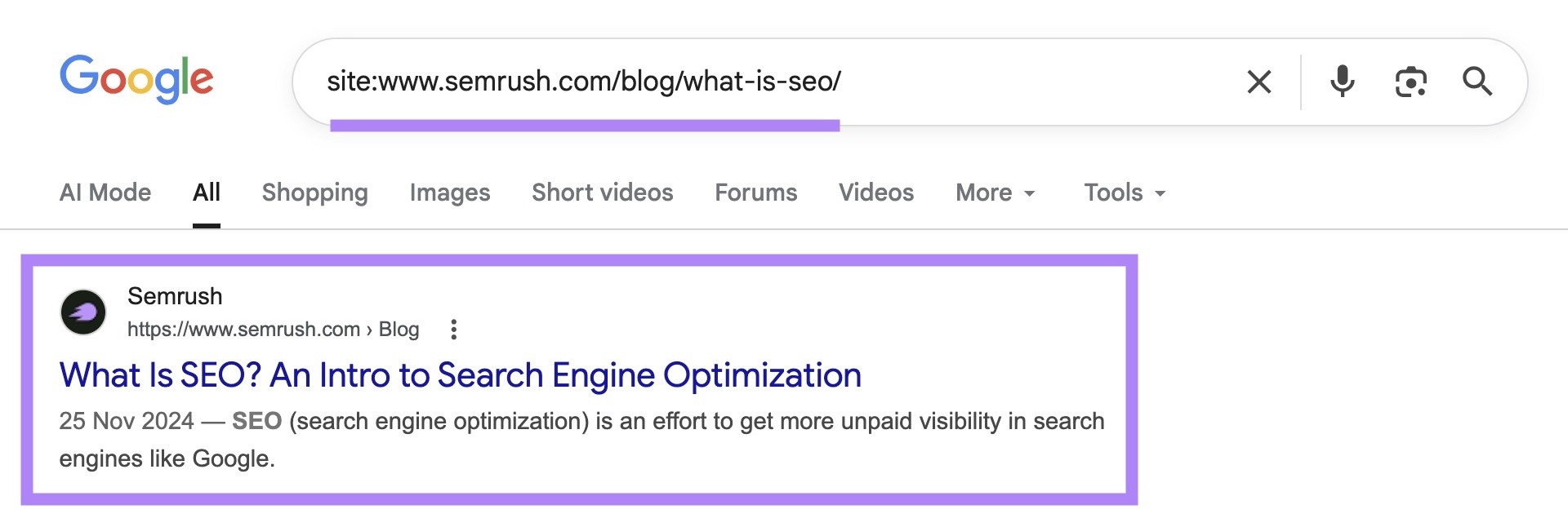 SERP for “site:sr03.amzseller.tools/blog/what-is-seo/” with the top result highlighted.
