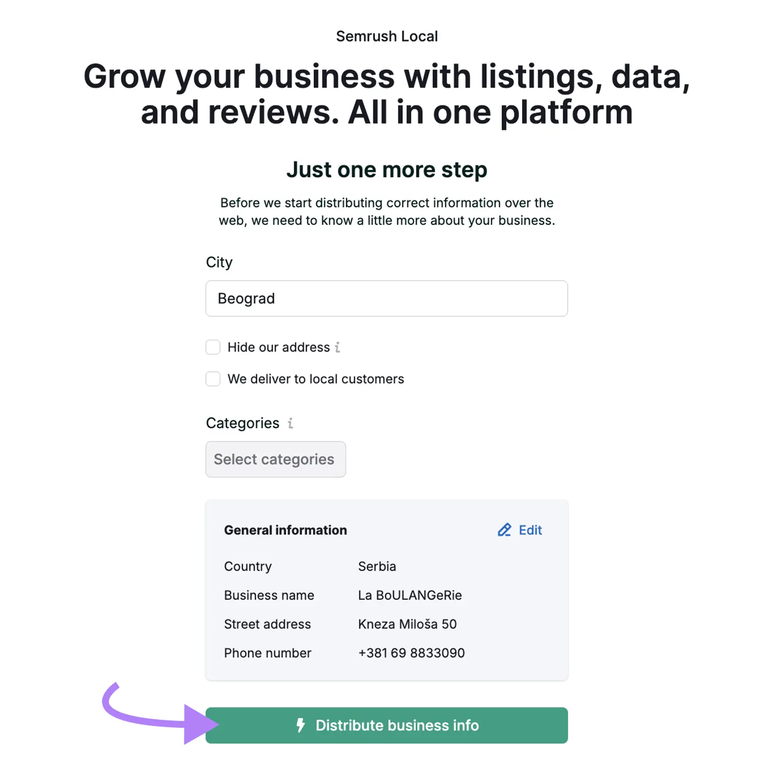 Semrush Local setup window with the “Distribute business info” button highlighted.