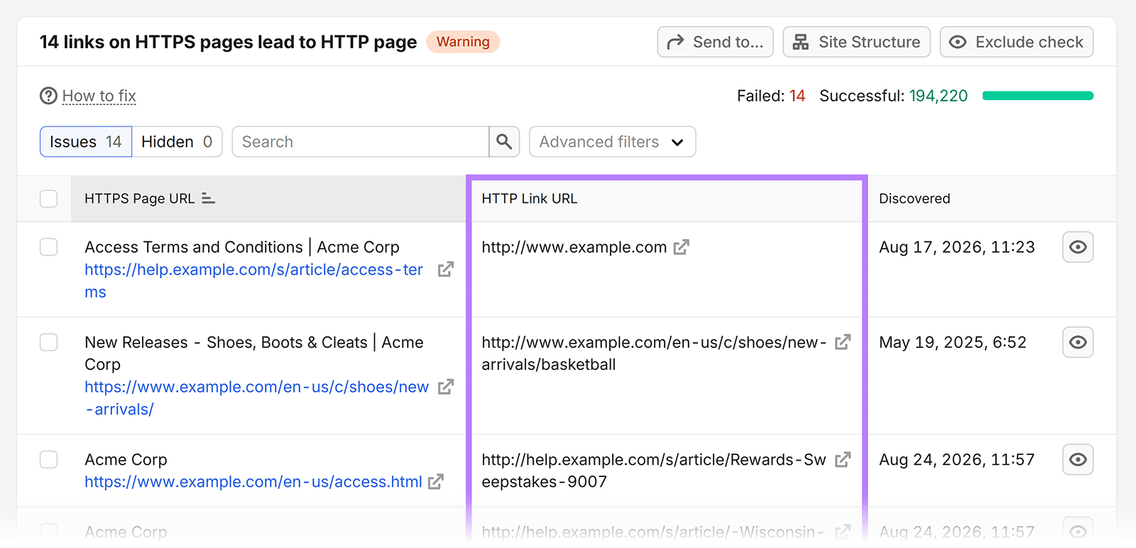 Semrush Site Audit listing HTTP link URLs found on HTTPS pages