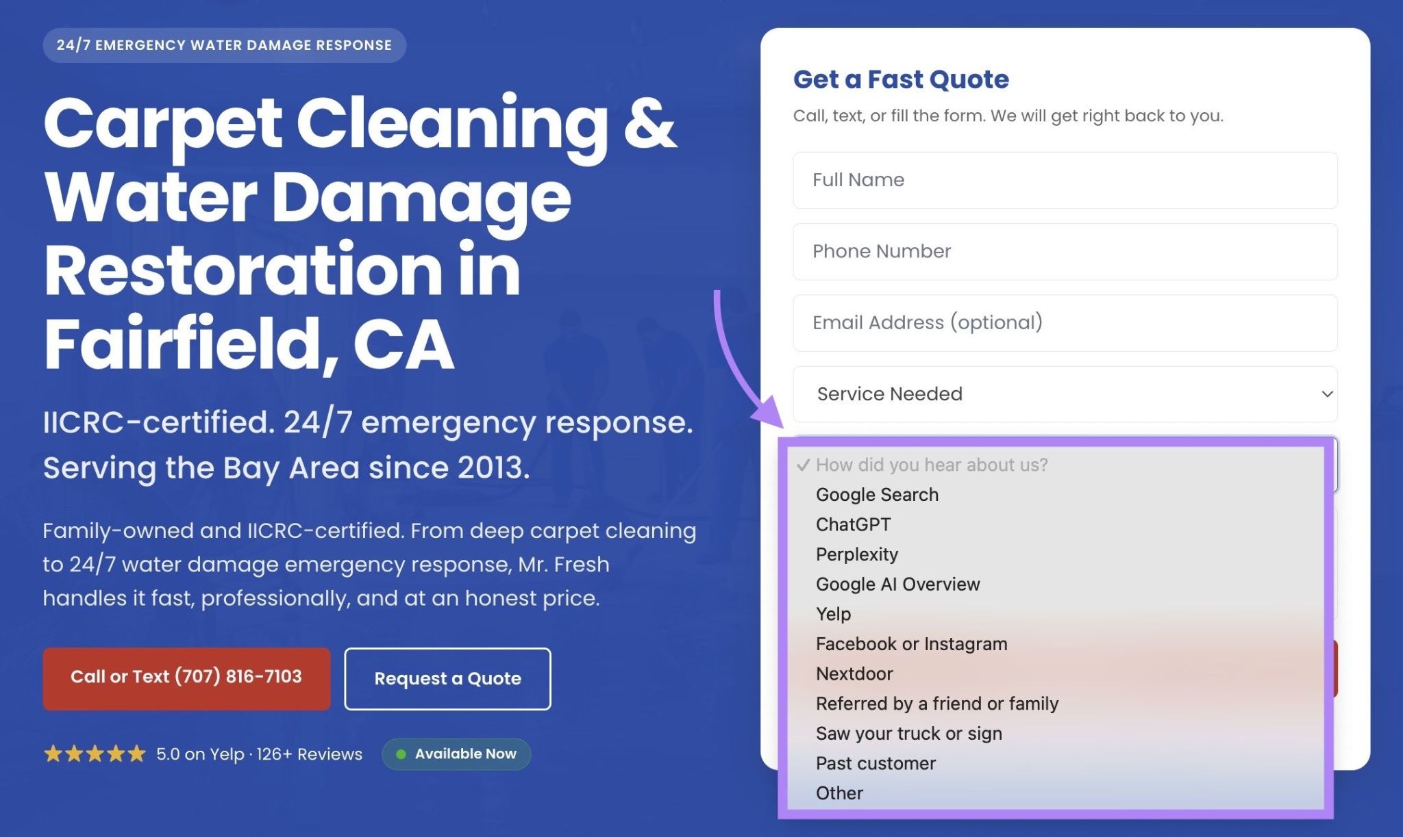 A contact form on a website with the “How did you hear about us?” drop-down including multiple referral channels including AI systems.