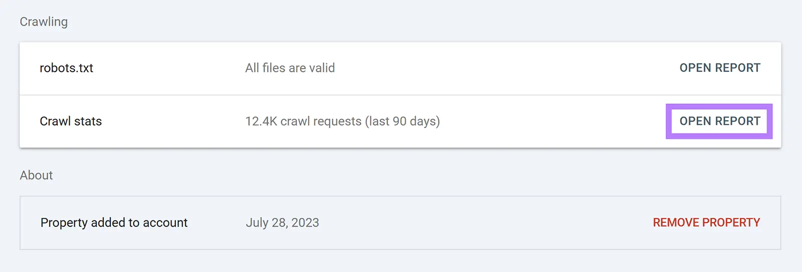 Google Search Console Crawling settings with the Crawl stats Open Report button highlighted