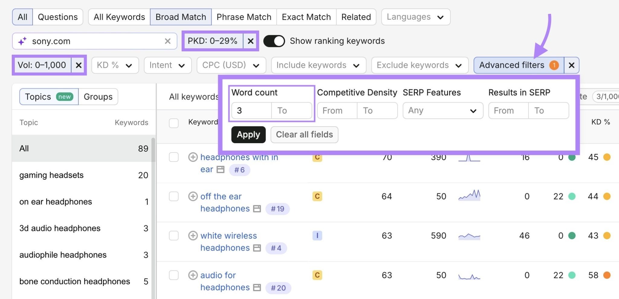 Volume, personal keyword difficulty, and word count filters applied on the Keyword Magic Tool.