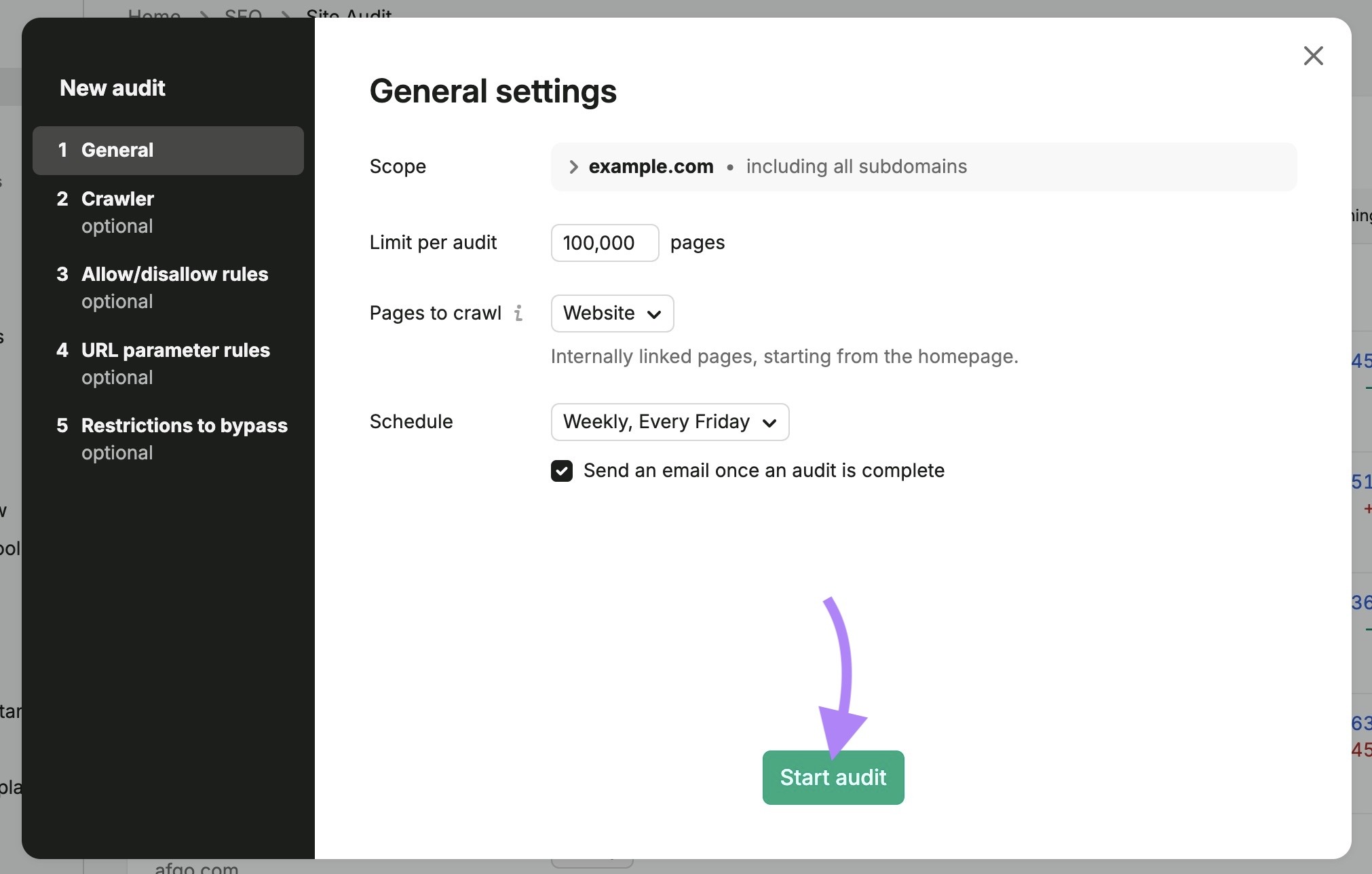 "General settings" on Site Audit with the "Start audit" button clicked.