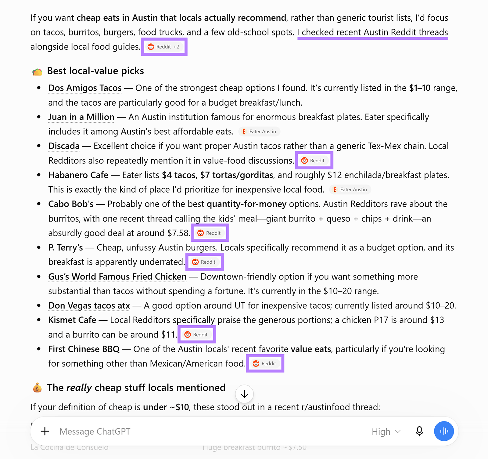 ChatGPT response recommending cheap Austin restaurants using Reddit citations