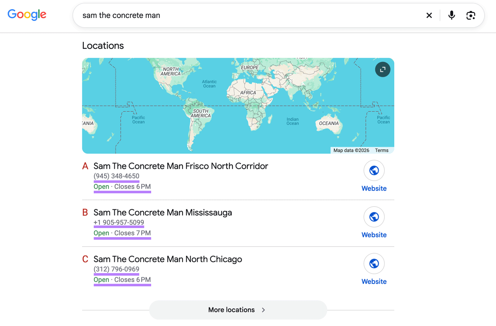 Google results for Sam the Concrete Man showing multiple business locations with phone numbers and hours