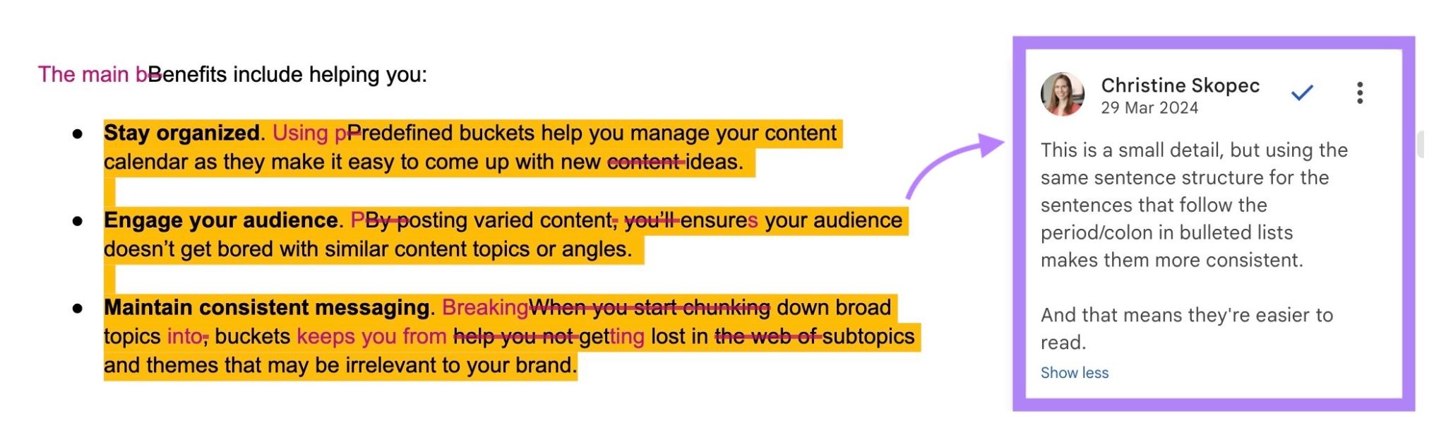 A note by the editor on an article draft explaining how using a consistent sentence structure in a bulleted list improves readability.