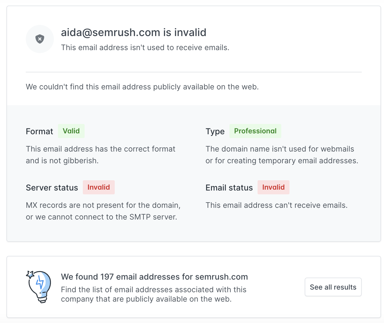 Hunter's results for an invalid email address "aida@sr03.amzseller.tools"