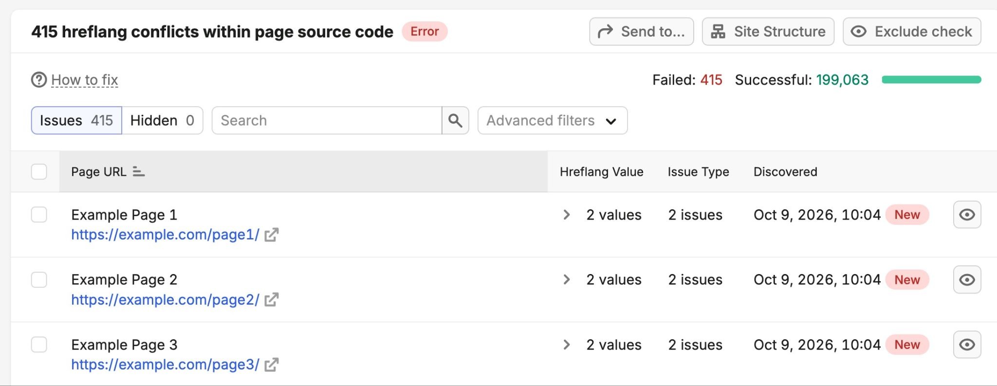 A list of pages with hreflang conflicts within page source code on Site Audit.