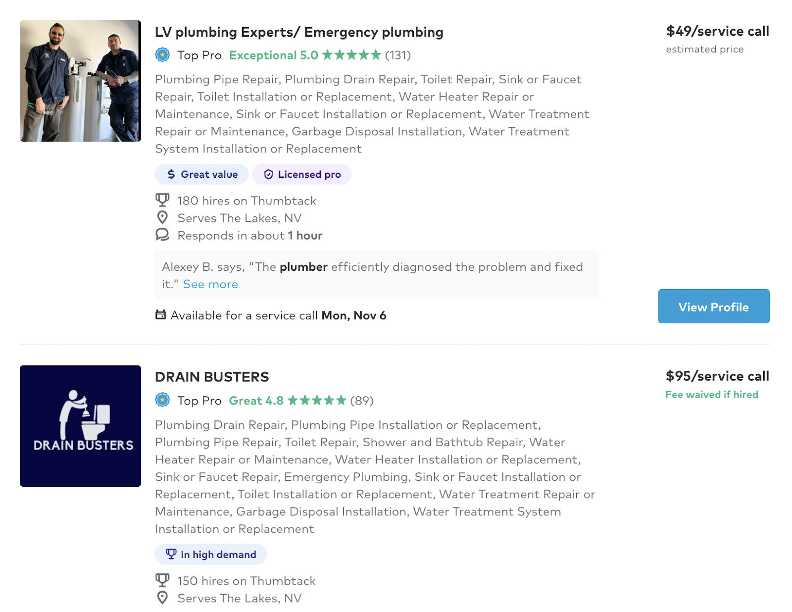 A directory showing a list of local businesses along with information like the services they offer, ratings, reviews and price.